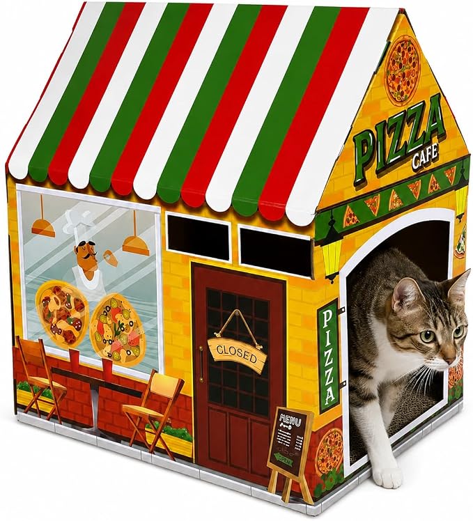Cinrobiye Cardboard Cat House with Scratcher, Indoor Cat Condo Cat Cave Hideout with Scratch Pad, Cardboard Cat Playhouse Bed for Cats, Kittens, Rabbits & Small Pets (Pizza)