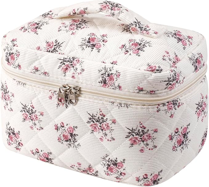 uekeboag Large Travel Quilted Makeup Bag for Women, Floral Cotton Cosmetic Bag, Coquette Aesthetic Floral Toiletry Organizer Bag