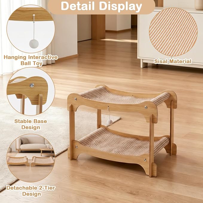 Two-Tier Sisal Cat Scratcher Bed, Solid Cats Scratching Post Hammock Lounge for Indoor Cats, Comfortable Cat Bed Natural Sisal Scratch Pad for Cats Scratcher Lounge, Sturdy Wooden Cat Furniture