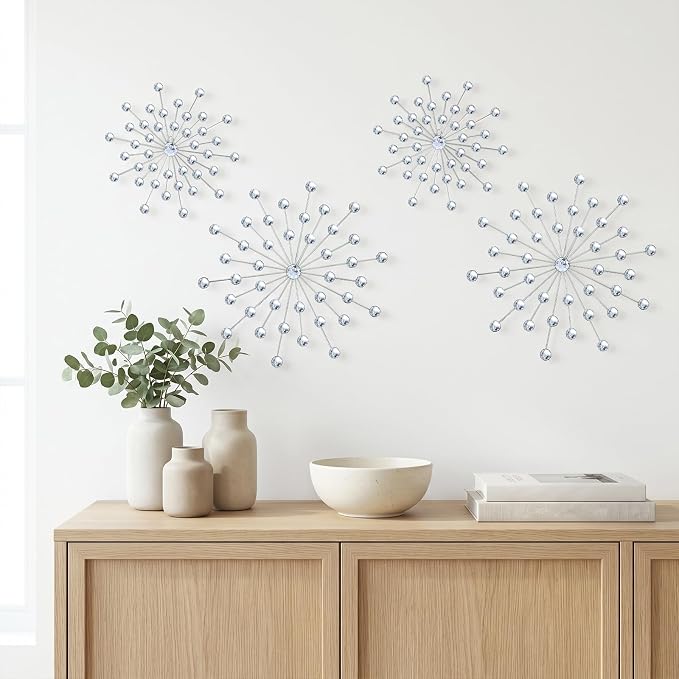 ZEXUIRU 4 Set Silver Starburst Wall Art for Home Decor Metal Bling Crystal Rhinestones Sunburst Wall Decor Sparkling Rhinestone Art Accent Silver - 13 in