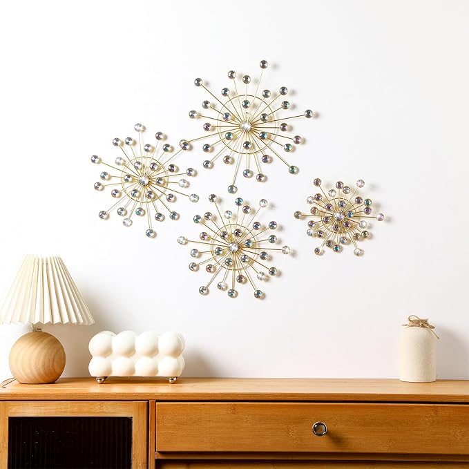 Blulu 4 Pcs Metal Wall Decor Bling Crystal Wall Art Cast Iron Rhinestones Sunburst Decor Starburst Art Hanging Diamond Accents Home Decorative for Living Room Bedroom Entryway(Colorful)