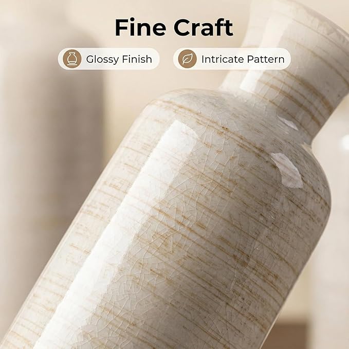 3Pcs White Rustic Ceramic Vases, Farmhouse Vases for Home Decor | Decorative Vases for Dining Table, Living Room, Kitchen, Bedroom, Shelf, Fireplace