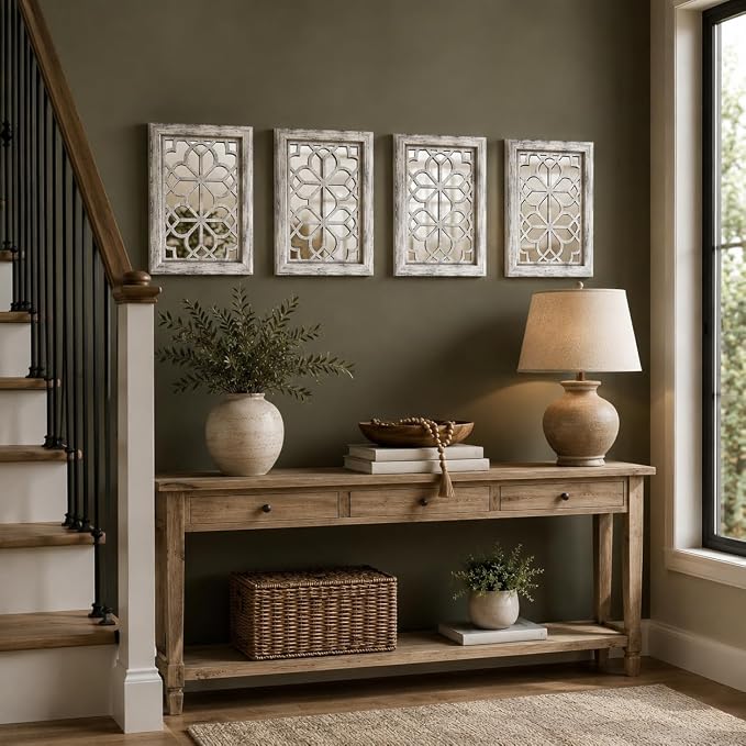Set of 4 11x15 Inch Rectangular Shatterproof Grey Decorative Wall Mirrors, Boho Farmhouse Rustic Vintage Accent Mirrors for Living Room Bedroom Entryway & Home Decor