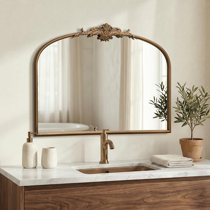 Besdomus Antique Gold Wall Mirror: 32"x24" French Brass Decorative Mirrors | Vintage Baroque Ornate Arched Metal Framed for Mantel/Hallway/Bathroom Vanity/Bedroom - Ideal Gifts for Anniversary/Birthday