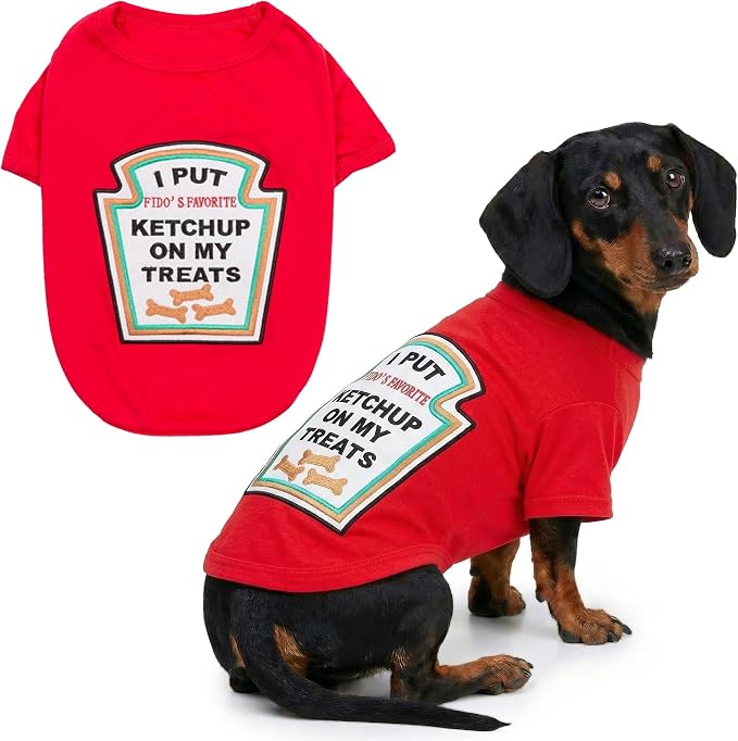 Parisian Pet Dog Shirt - Embroidered “I Put Ketchup on My Treats“ - 100% Cotton and Polyester Doggy Clothes - Sleeved, Lightweight Costume for Dogs - Red Puppy Shirts for Large Dogs - XL