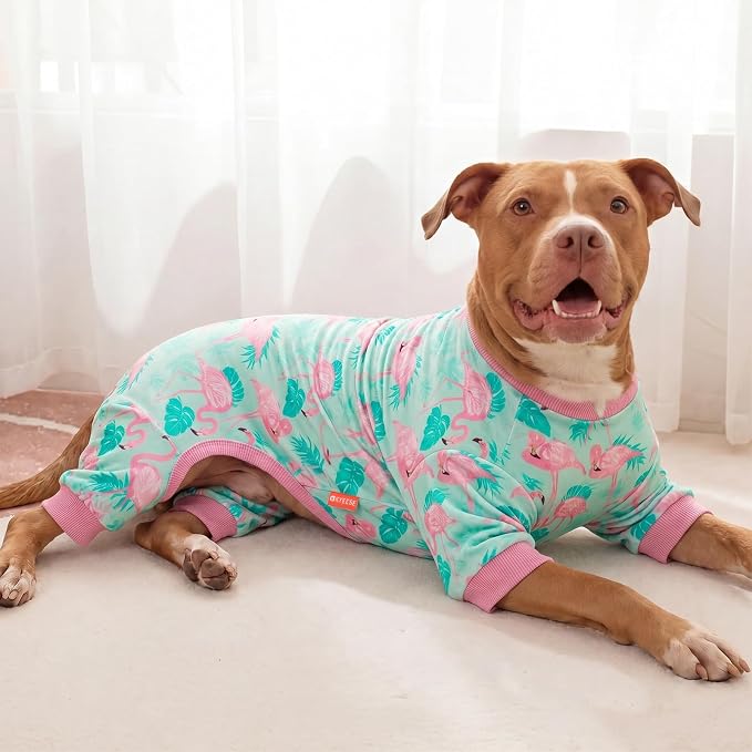 KYEESE Velvet Dog Pajamas for Medium Large Dogs Soft Onesie, Flamingo | 4-Way Stretch, Lightweight & Breathable, Reduces Shedding, Gentle on Sensitive Skin, Recovery Support, Easy Potty Breaks