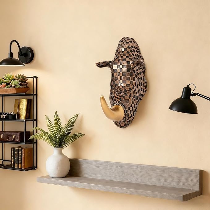 GIGICICI 9.2x4.7-Inch Vintage Mosaic Rhino Head Wall Sculpture Art Mount Statue for Room Bedroom Office Living Decor(Brown)