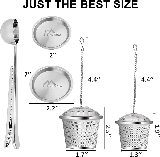Numola Loose Leaf Tea Infuser Set | Reusable Stainless Steel Tea Balls, Fine Mesh Tea Strainers, Includes Scoop and Drip Trays, Extended Chain Hook
