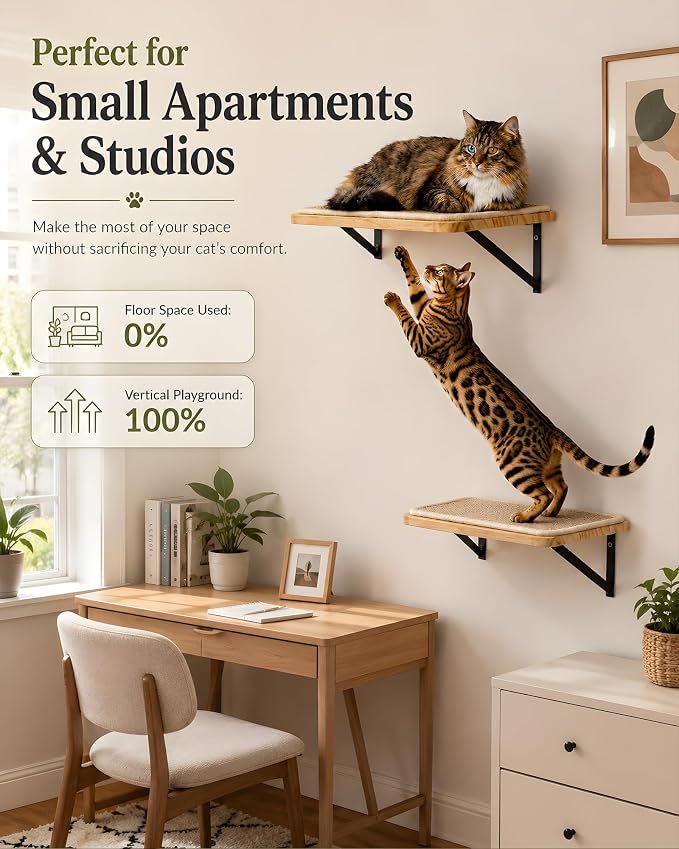 Cat Floating Wall Shelf with Scratching Mat, 1PC, 9.7X16.6 Inch | 1 Inch Thick Wood Board , Wall Mounted, Supports to 30 LBS, For Sleeping, Playing, Climbing