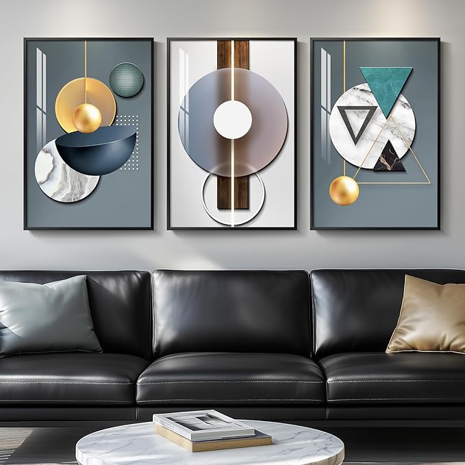 Large Framed Modern Luxury Abstract Wall Art, 3 Piece Blue-Green Prints Paintings Artwork for Walls, Bright Style Geometric Pictures for Living Room Dining Room Bedroom Office Total 30x60 In