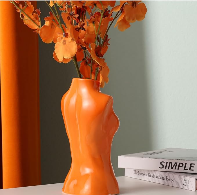 hjn Small Ceramic Vase for Flowers Modern Art Vase for Living Room/Home Decor Accents/Bookshelf/Mantel-Orange