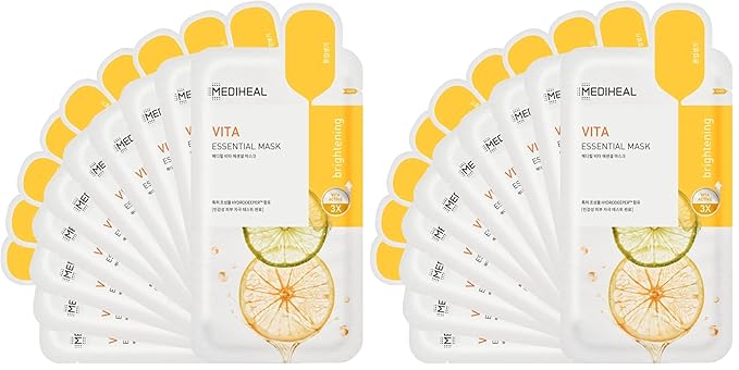 Mediheal Best Korean Sheet Mask - Vita Essential Face Mask 10 Sheets Vitamin Mask For All skin types Smoothing Tightening Toning up Brightening (Pack of 2)