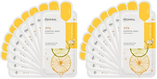 Mediheal Best Korean Sheet Mask - Vita Essential Face Mask 10 Sheets Vitamin Mask For All skin types Smoothing Tightening Toning up Brightening (Pack of 2)