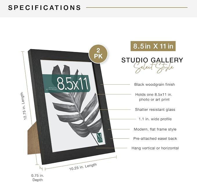 MCS Studio Gallery 8.5x11 Picture Frame Black Woodgrain Engineered Wood, Rectangle Photo Frame for Photos, Posters & Art Prints & Easel for Tapletop Display (2-Pack)