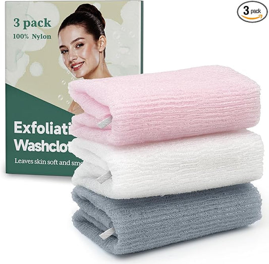 Bathway Exfoliating Washcloth, Nylon Bath Towel Body Scrubber with Hanging Strap, Back Scrubber for Shower Japanese Washcloth Loofah - Deep Clean & Rich Lather (Pink & White & Grey, Pack of 3)