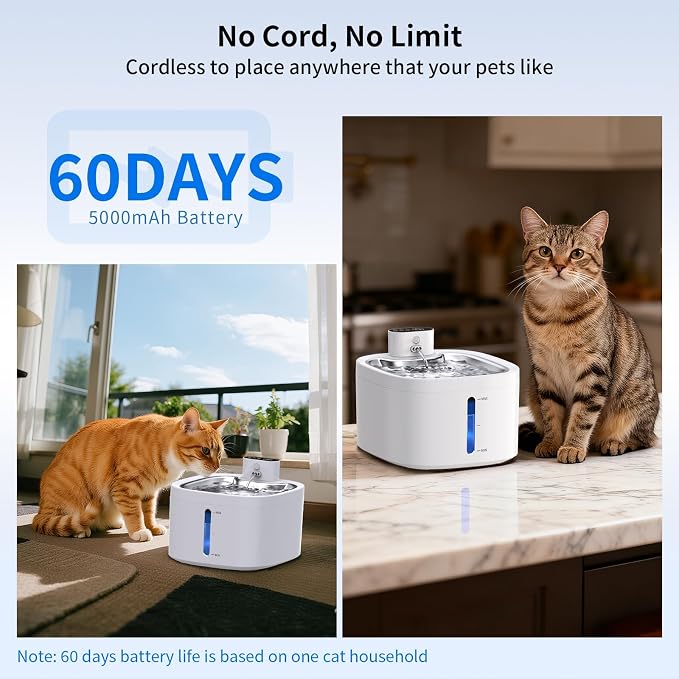 Cat Water Fountain Wireless: 118oz/3.5L Battery Operated Pet Water Fountain for Cats Indoor with Motion Sensor, Quiet Automatic Fountain with Stainless Steel Tray(8Filters)