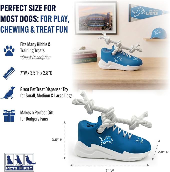 Pets First NFL Detroit Lions Cleat Sneaker Spike Dog Toy, Football Treat Dispenser Chew Toy for Dogs, Interactive Rope Tug Toy, Slow Feeder Natural Rubber Dog Toy with Official Team Logo