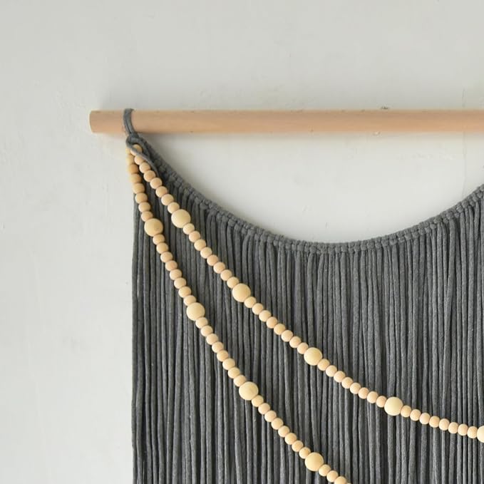 Large Macrame Wall Hanging Grey Boho Wall Art Beaded Decor 57"W*39"L | for Bedroom, Handwoven Cotton Art, Beaded Fiber Design, Textured Wall Accent, Sofa Backdrop Decor, Modern Home Decoration