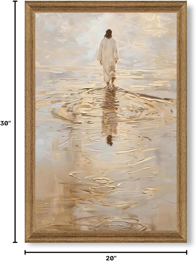 Fantasy Artists Christian Wall Art – Jesus Walking on Water Inspirational Painting, Warm Gold Faith Artwork for Home & Prayer Room, Religious Decor Symbolizing Hope, Trust & Divine Strength, 20W X 30H