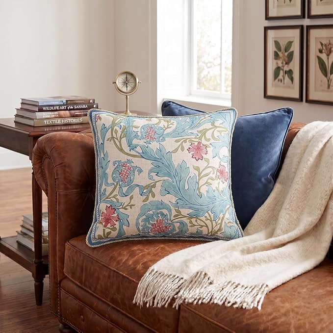patdrea Designer Vintage Linen Throw Pillow Cover,18"x18",Set of 2-Fromm A | Luxury Decorative Pillow Case with Zipper,Blue Floral Pattern,Pillow Cover for Couch Living Room Bedroom Sofa