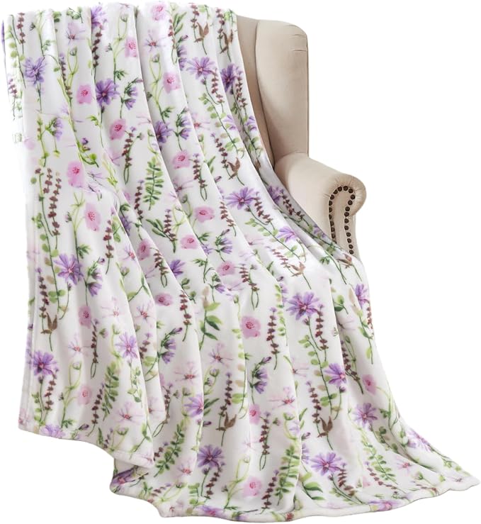 Spring Velvet Fleece Floral Throw Blanket: Wild Flowers of Pink Purple Green on a Colorful Soft Cozy White Design, Oversized 50" x 70"