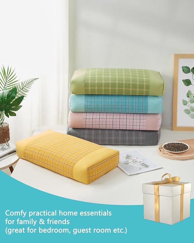 Buckwheat Cube Pillows for Side Sleepers,19.6"x9.8" Buckwheat Hulls Filling Cervical Neck Support Pillows for Sleeping, Customizable Height, Plaid Pillow Covers,Blue