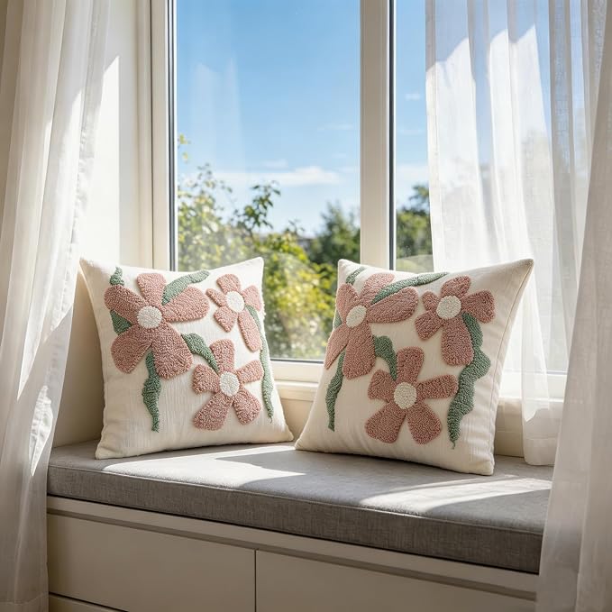Summer Floral Throw Pillow Covers 18x18 Inch Set of 2, Chenille Embroidered Pillowcase with 3D Tufted Pink Flowers Sage Green Leaves, Boho Decorative Cushion Covers for Couch Sofa Bed