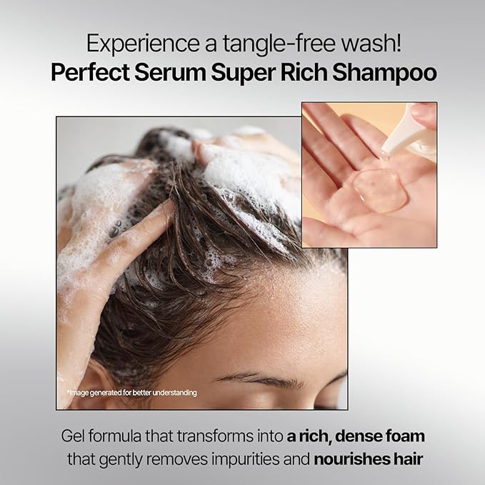 Mise En Scene Perfect Serum Super Rich Shampoo | Korean Shampoo for Severely Damaged Hair | Anti-Frizz, Hydrating, Nourishing | Korean Hair Care with Moroccan Oil, Jojoba Seed | 17.92 Fl Oz