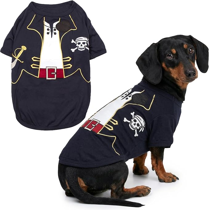Parisian Pet Captain Sparrow Dog Costume - 100% Cotton Black Dog Clothes for Large Dogs Boys - Lightweight Puppy Outfits - Funny French Bulldog Clothes - Pirate Pet Shirt - Stretchy T Shirt for Dogs