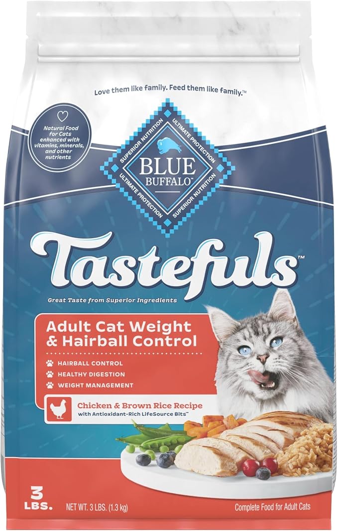 Blue Buffalo Tastefuls Chicken Weight & Hairball Control Dry Cat Food, 3 lb | Chicken & Brown Rice Recipe, Weight & Hairball Control, No Corn, Wheat, or Soy
