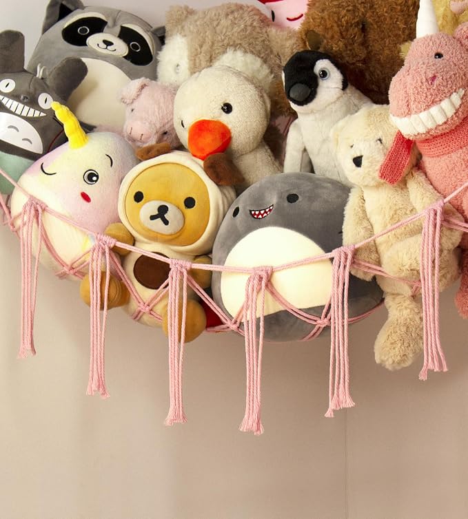 Stuffed Animal Storage Hammock Corner Net - Pink Room Christmas Decor for Teen Girls - Toys Storage Hanging Stuff Animal Organizer Holder Cute Stuff - Boho Nursery Dorm Bedoom Decor Aesthetic
