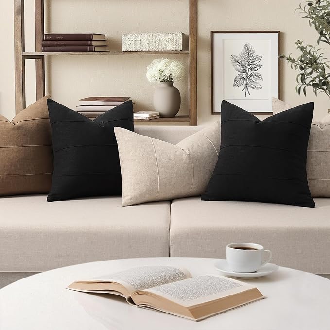Decorative Linen Throw Pillow Covers 20x20 Set of 2 Solid Handcrafted Striped Cushion Covers for Bed Soft Modern Farmhouse Neutral Pillowcase for Couch Bedroom Living Room Home Decor(Black)