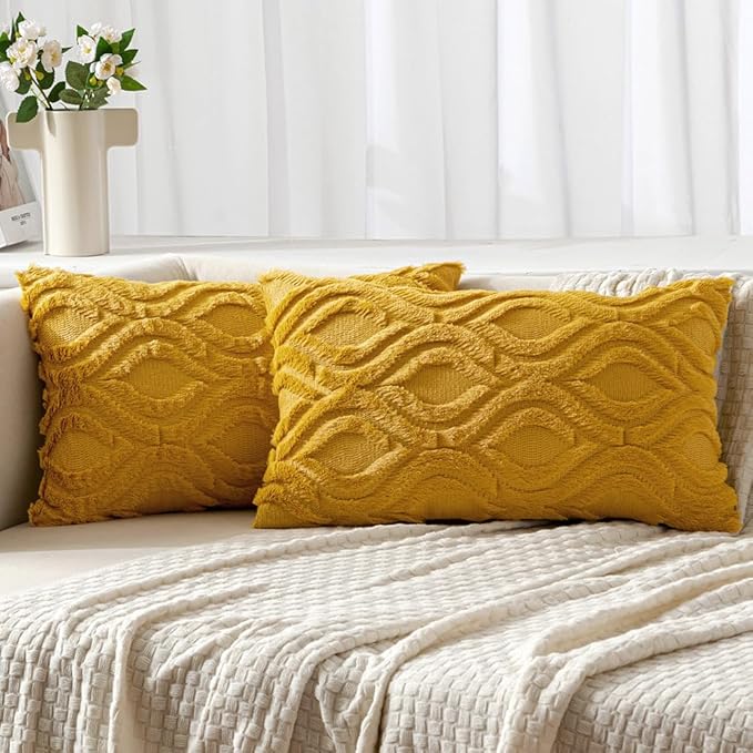 MIULEE Fall Mustard Yellow Plush Faux Wool Lumbar Throw Pillow Covers 12x20 | Set of 2, Farmhouse Boho Home Decor, Decorative Cushion Covers for Sofa, Living Room, Bed
