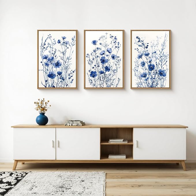 FWIEXA Blue White Wildflower Canvas Wall Art Set of 3, Framed Navy Chinoiserie Watercolor Botanical Pictures Wall Decor, Minimalist Floral Paintings Artwork, 24x36In Florals Prints for Living Room, Bedroom, Bathroom