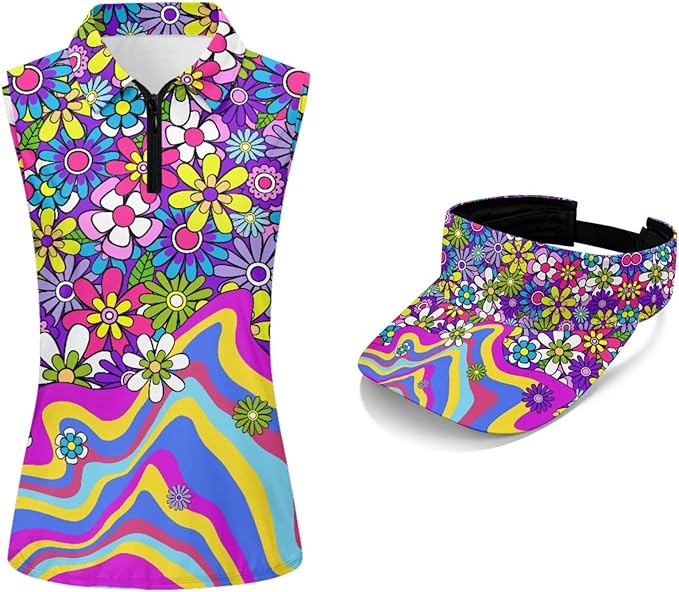 POLERO Golf Tank Top Women Golf Shirts and Visor Hat Collared Racerback Tennis Shirt Set Quarter Zip