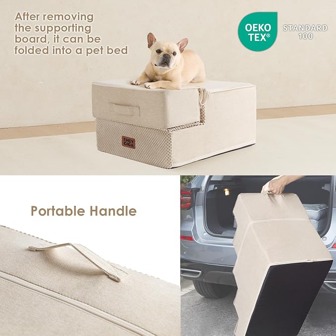 EHEYCIGA Dog Stairs for Small Dogs 13.5" H, 3-Step Extra Wide Dog Steps for Couch Sofa and Chair, Pet Steps for Medium Cats, Non-Slip Balanced Pet Ramp Indoor, Beige