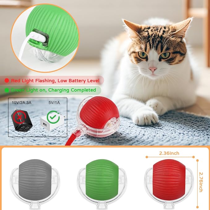Goosheep 2025 New 3Pack Cat Ball Kitten Toys for Indoor Interactive Kitty Ball Toy Speedy Tail 360° Automatic Rolling(Red Grey Green)