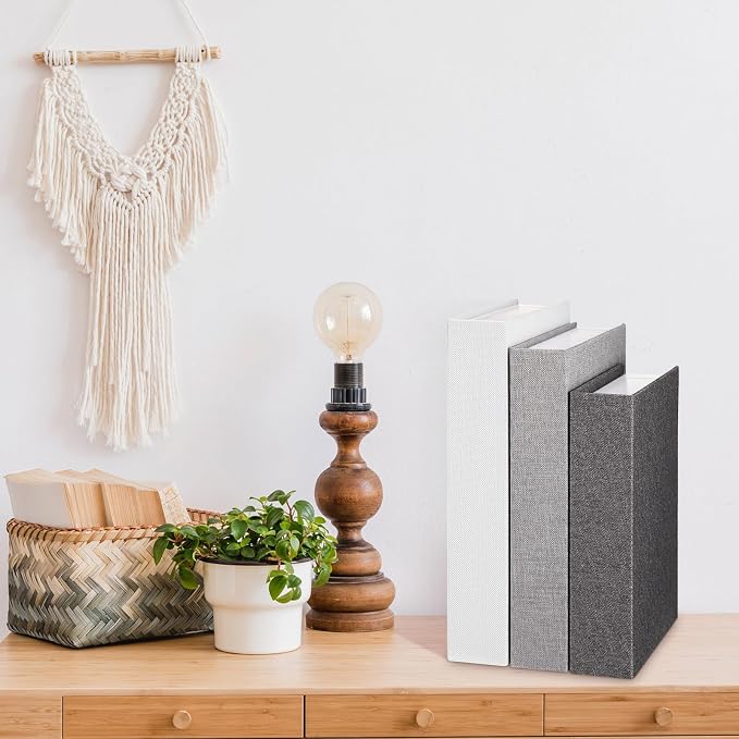 Tioncy 3 Pcs Decor Linen Faux Book Box Set Aesthetic DIY Fake Linen Book Box for Decor Storage Cafe Table Bookshelf Gift Home Keepsake(Multi Sizes,Gray Tone)