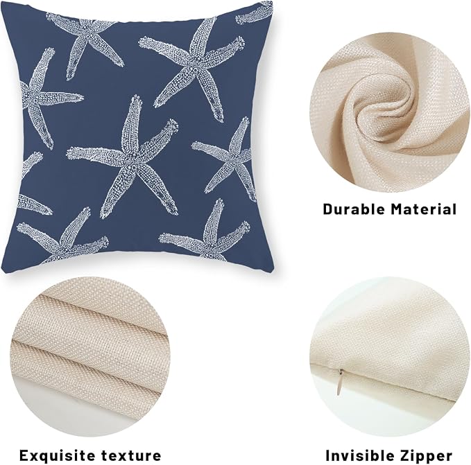 Navy Blue Starfish Pillow Covers 18x18 Inch Set of 2 Coastal Throw Pillows Summer Nautical Ocean Theme Decorations Beach Pillowcase Linen Outdoor Decor Farmhouse Cushion Case for Home Bedroom