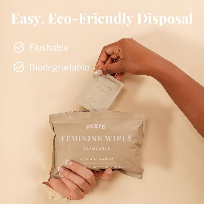 Pixie Menstrual Cup Wipes - Chamomile Scented, Flushable, Biodegradable & pH Balanced - Best Individually Wrapped Wipes for On-The-Go & Public Bathrooms - Wash & Cleaner for Cups & Discs (40 Count)
