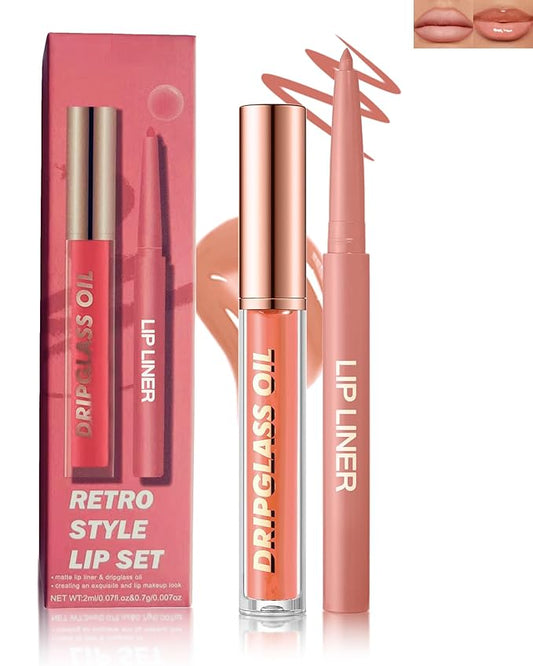 Matte Nude Lip Liner Lipstick&Hydrating Glow Lip Oil Lip Combo Set,Moisturizing Plumping Lips Gloss&Smooth Lipliner Liquid Lipstick Long-Lasting,2 in 1 Women Tinted Red Liptint Stain Balm Makeup -04