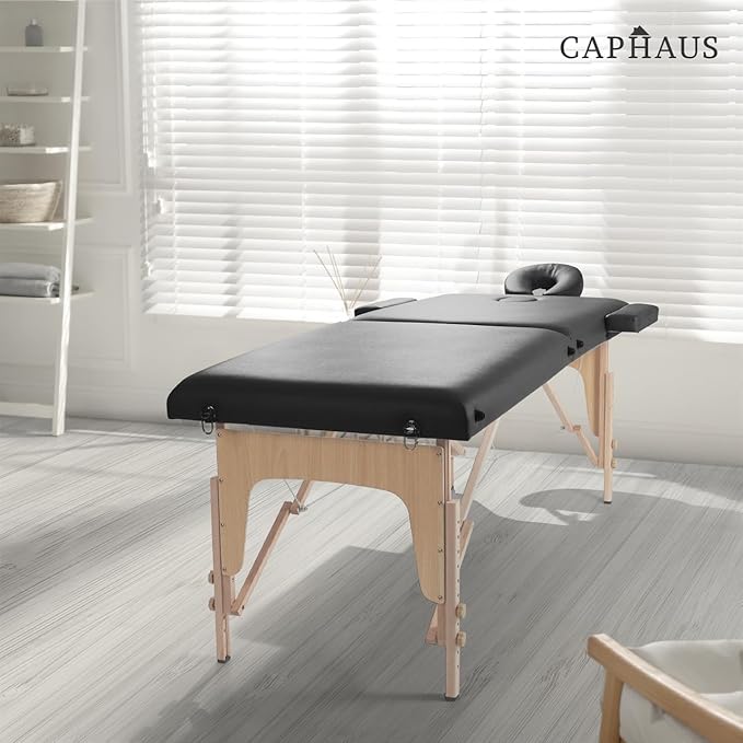 CAPHAUS 84 Inch Memory Foam Massage Table, 28 Inch Wide Foldable & Portable Massage Bed, Facial Cradle Salon Bed Wooden Legs & Carry Case, Height Adjustable Spa Bed, Black