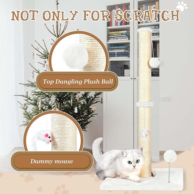 ANWA 32" Tall Sisal Cat Scratching Posts Tree for Indoor Cats Adults, White | Sisal Cat Scratcher, Small Space, Cat Post with Dangling Plush Toys for Indoor Cats, 15.7" Stable Base, Cat Furniture
