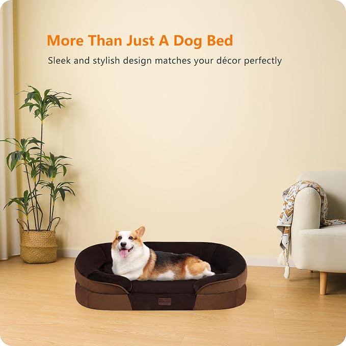 Dwanton Orthopedic Waterproof Medium Dog Bed Sofa, Gel Memory Foam, 36" | Egg-Crate Foam Dog Sofa, Washable Pet Bed with Four Sided Bolster Cushion, Removable Cover & Non-Slip Bottom, Brown