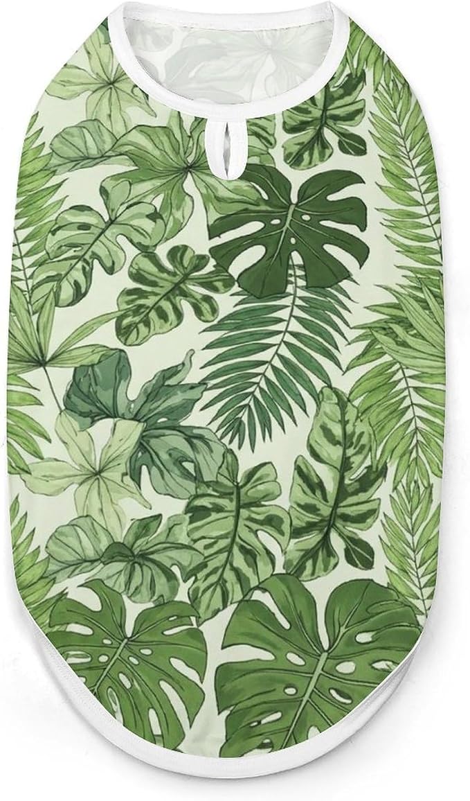 Cute Cat Shirt Soft Breathable Clothes Dog Tank Tops for Small Large Pet Green Palm Tree Leaves