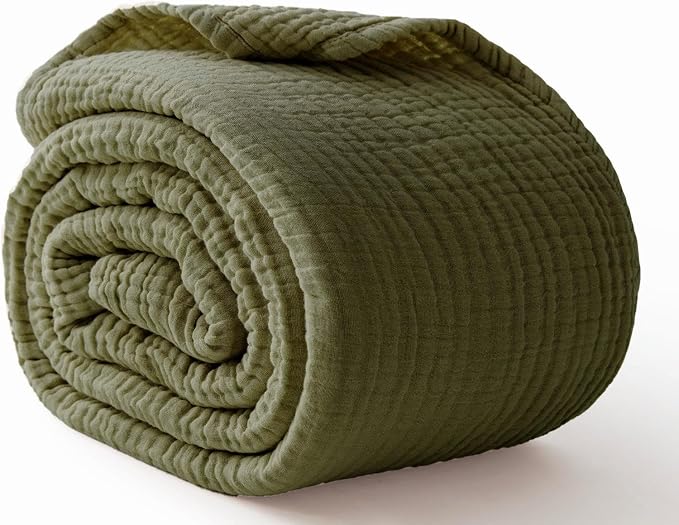 100% Cotton Muslin Blanket King 108" x 90", Breathable and Lightweight Cotton Throw Blanket for Bed, Soft Cooling Summer Gauze Blanket for Adults All Season, Olive Green