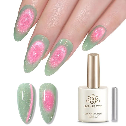 Born Pretty Reflective Glitter Cat Magnetic Eye Gel Nail Polish 15ML,Green Pink Guava Colors Glitter Sparkly Shiny Disco DJ LED Magnetic Gel Polish Sparkly Shiny U V Gels for Home Salon
