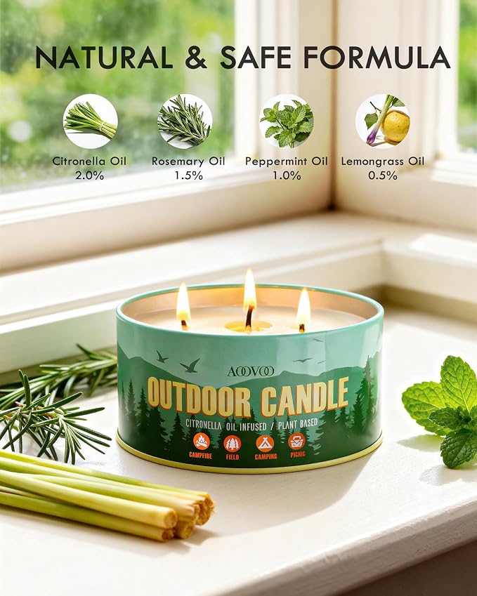 AOOVOO 2 Pack Citronella Candles Outdoor - 3 Wick 24oz Large Camping Candle, Natural Essential Oil Soy Wax Non Toxic, Strong Scented Candles for Outside Backyard Garden Picnic