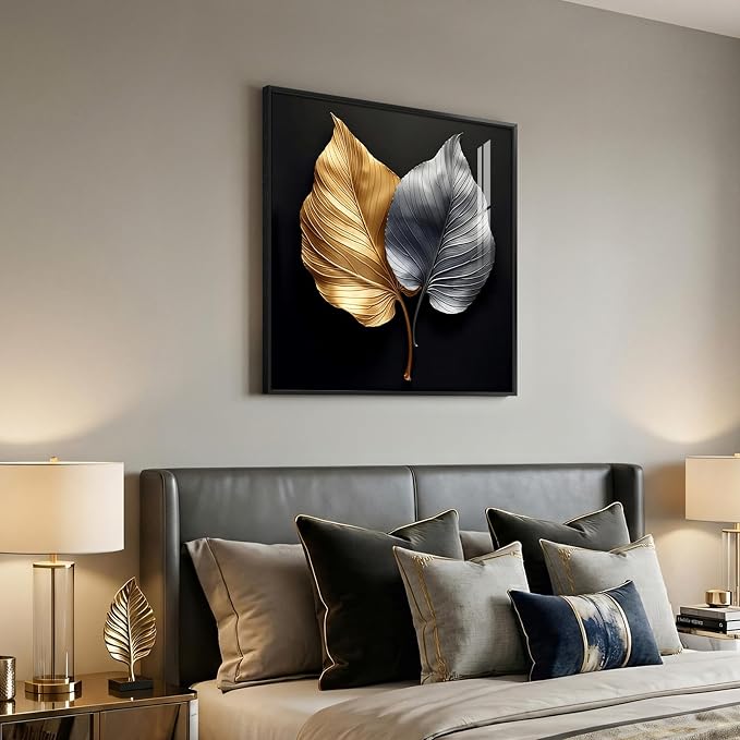 Framed Modern Elegant Wall Art, Black Gold and Silver Leaf Prints Paintings Artwork for Walls, Contemporary Luxury Picture for Bedroom, Dining Room, Lounge, Office, Living Room Wall Decor 24x24 In