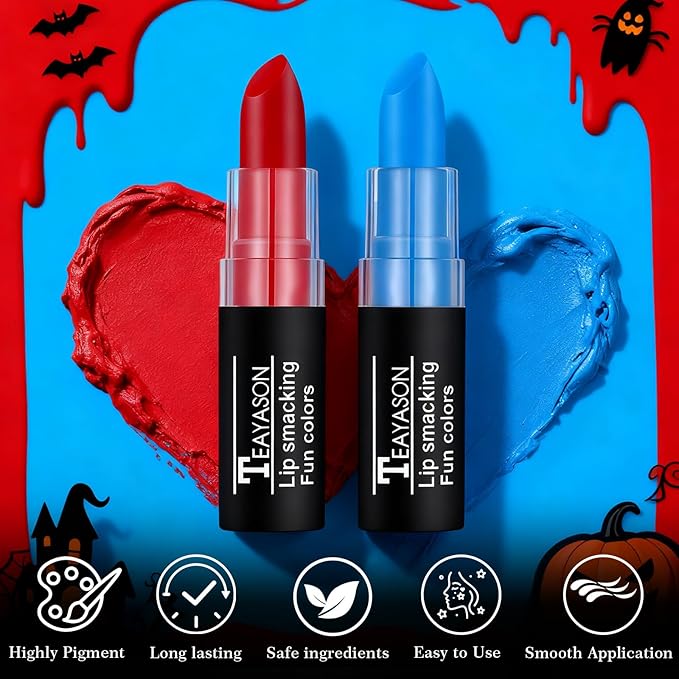 Halloween Makeup Kit for Harley Quinn Cosplay, Red Liquid Eyeliner Stamp, Red and Blue Face Body Paint Stick, Costume Accessories for Harley Quinn Cosplay SFX Looks